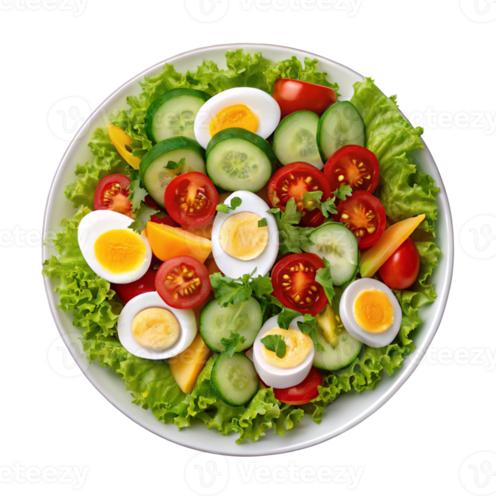 a salad with eggs, tomatoes, cucumbers and lettuce png