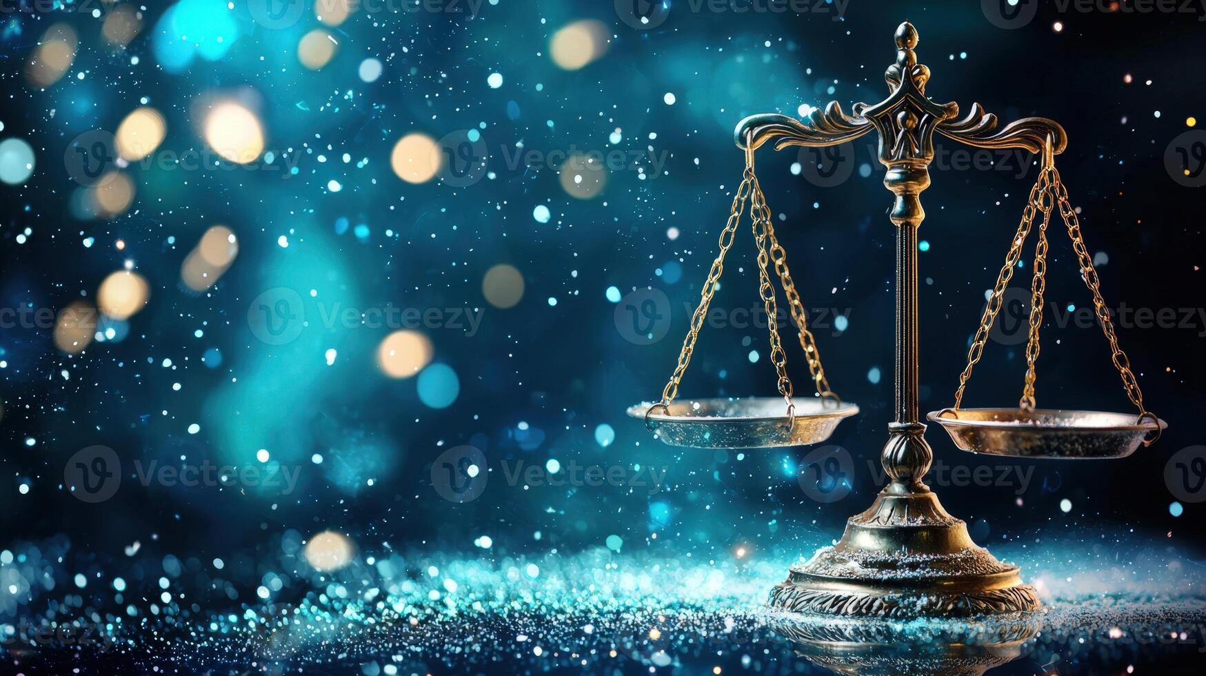 Brass scales of justice legal balancing on a glittering surface with a beautiful bokeh effect, conveying a sense fairness, law, and equality, 4K photo