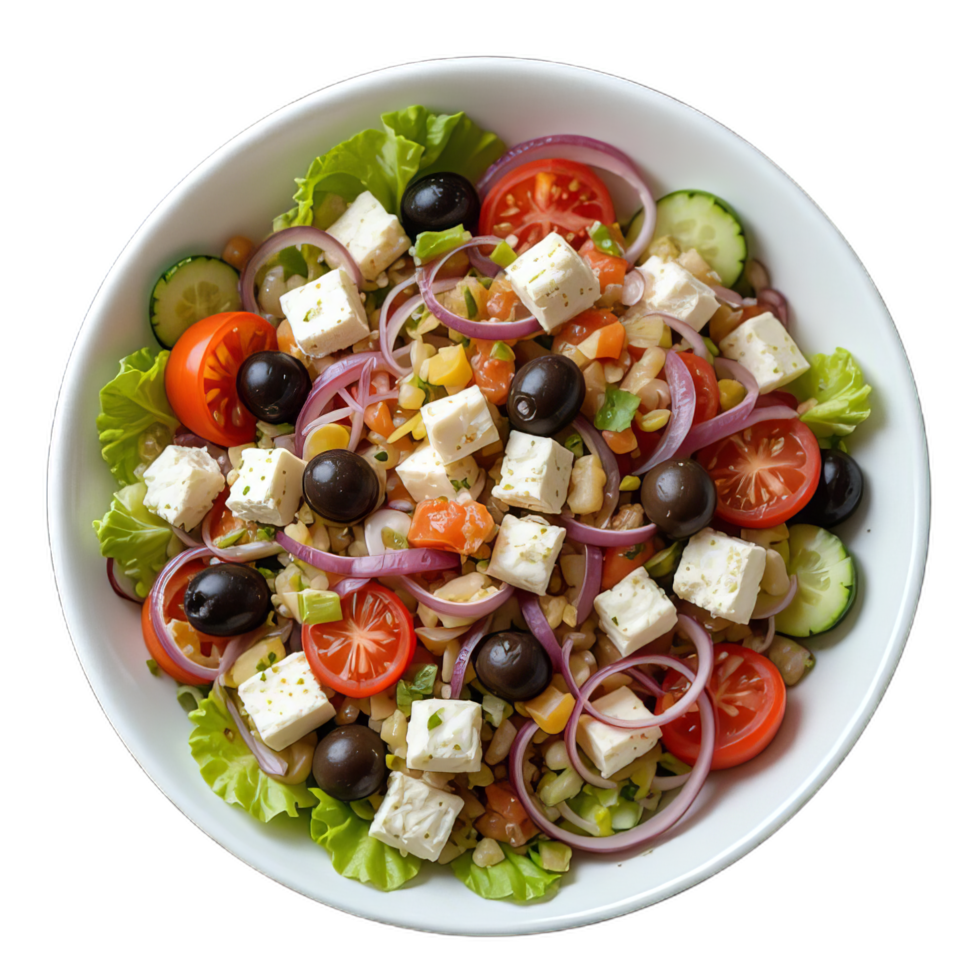 A salad with feta cheese, tomatoes, onions and olives png