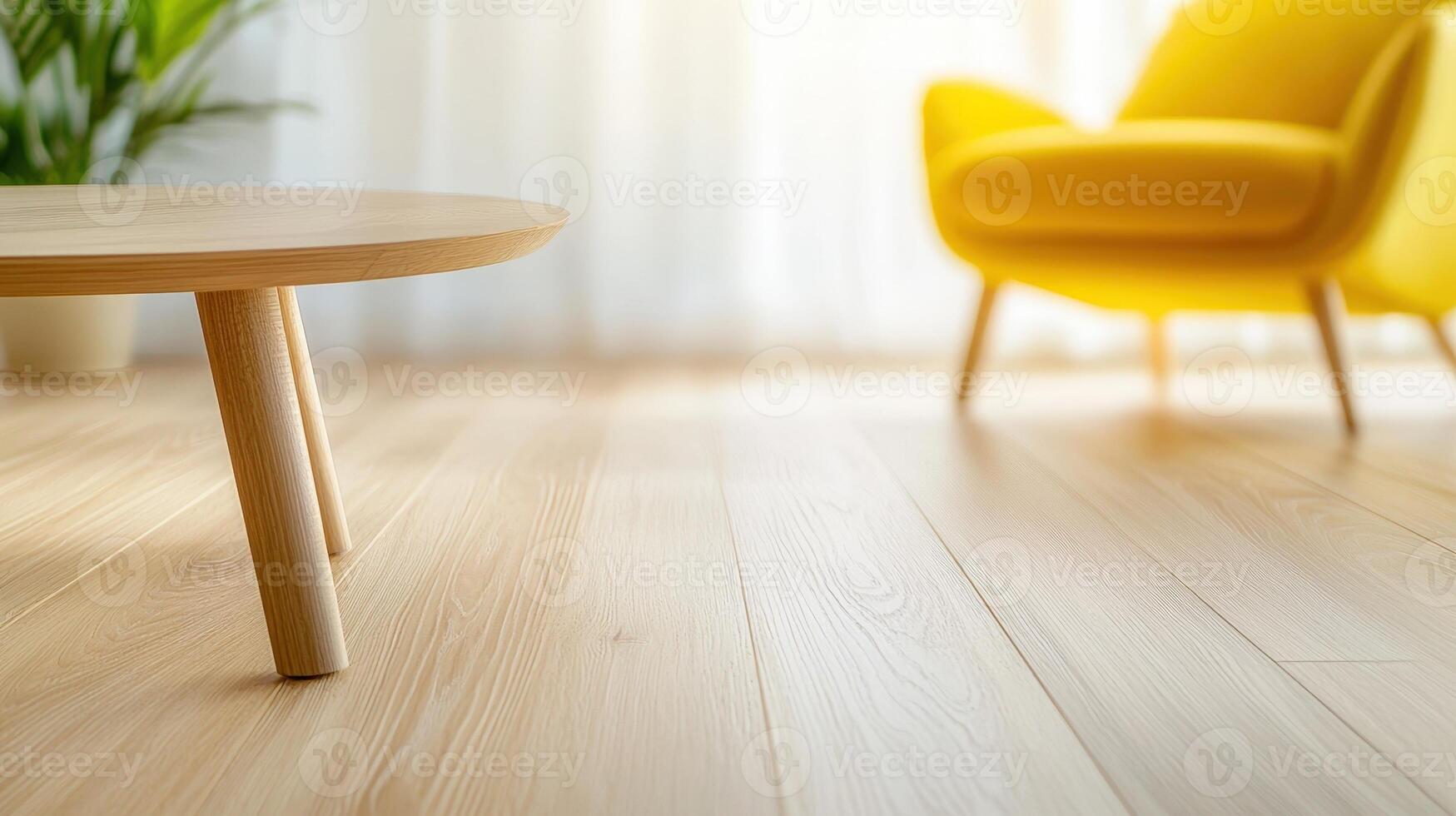 Stylish and minimalist living room with wooden furniture and a yellow armchair, creating a cozy and inviting atmosphere photo