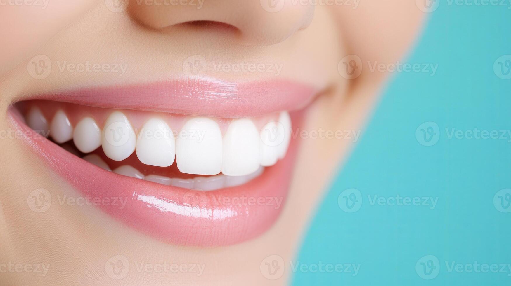 Smiling happy woman displaying pristine white teeth, representing optimal dental personal care standards photo