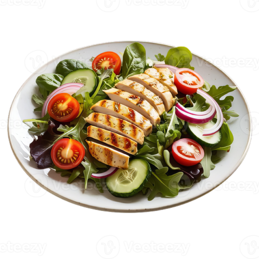 A plate with a chicken breast, salad and tomatoes png