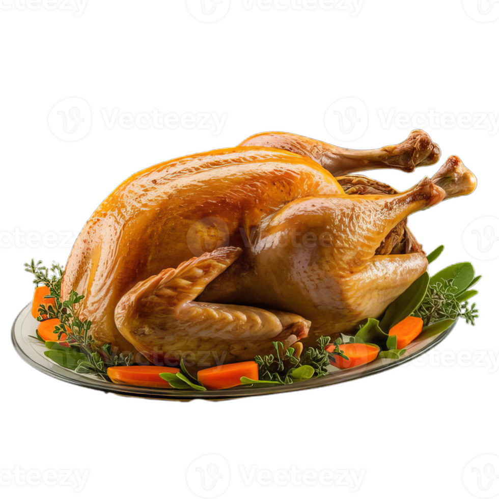 A large turkey on a plate with carrots and herbs png