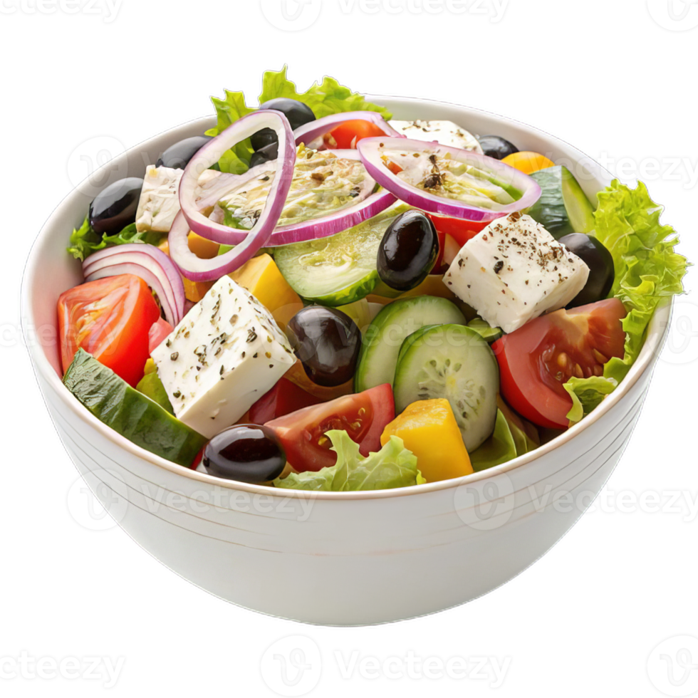 A bowl of salad with vegetables and feta cheese png