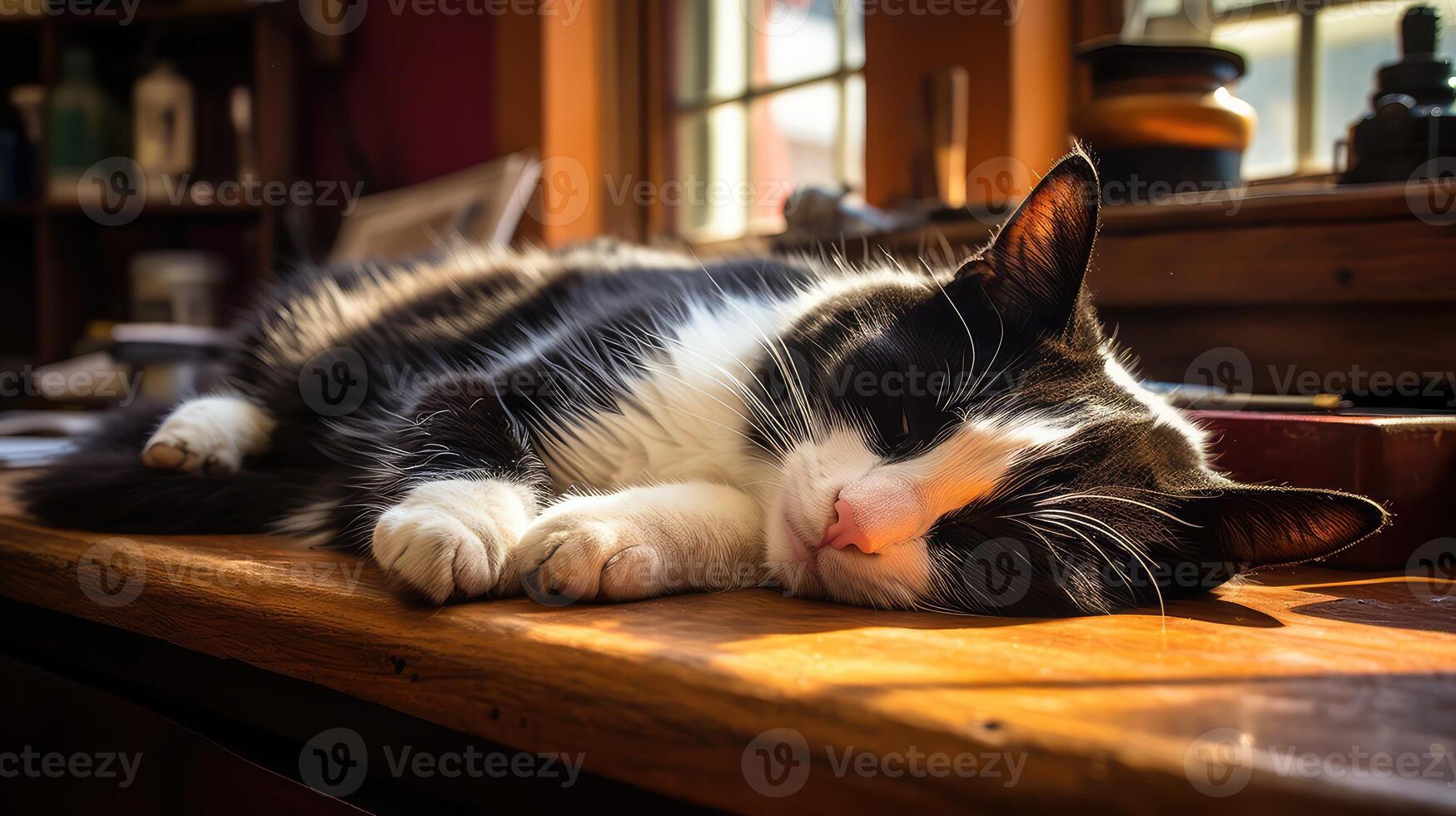 sleepy cat on desk photo