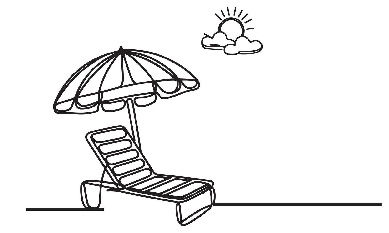 One continuous single drawing black line art doodle of beach sunbed with an umbrella and chair outline illustration on white background vector