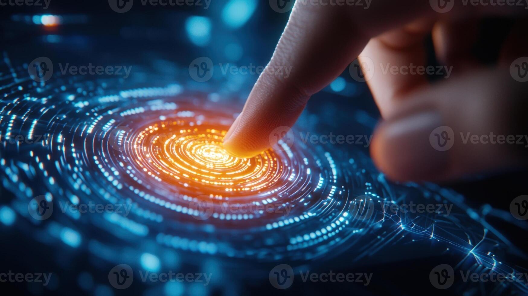 Futuristic glowing interface with digital concentric circles is being activated by a finger human and robotic intelligence photo