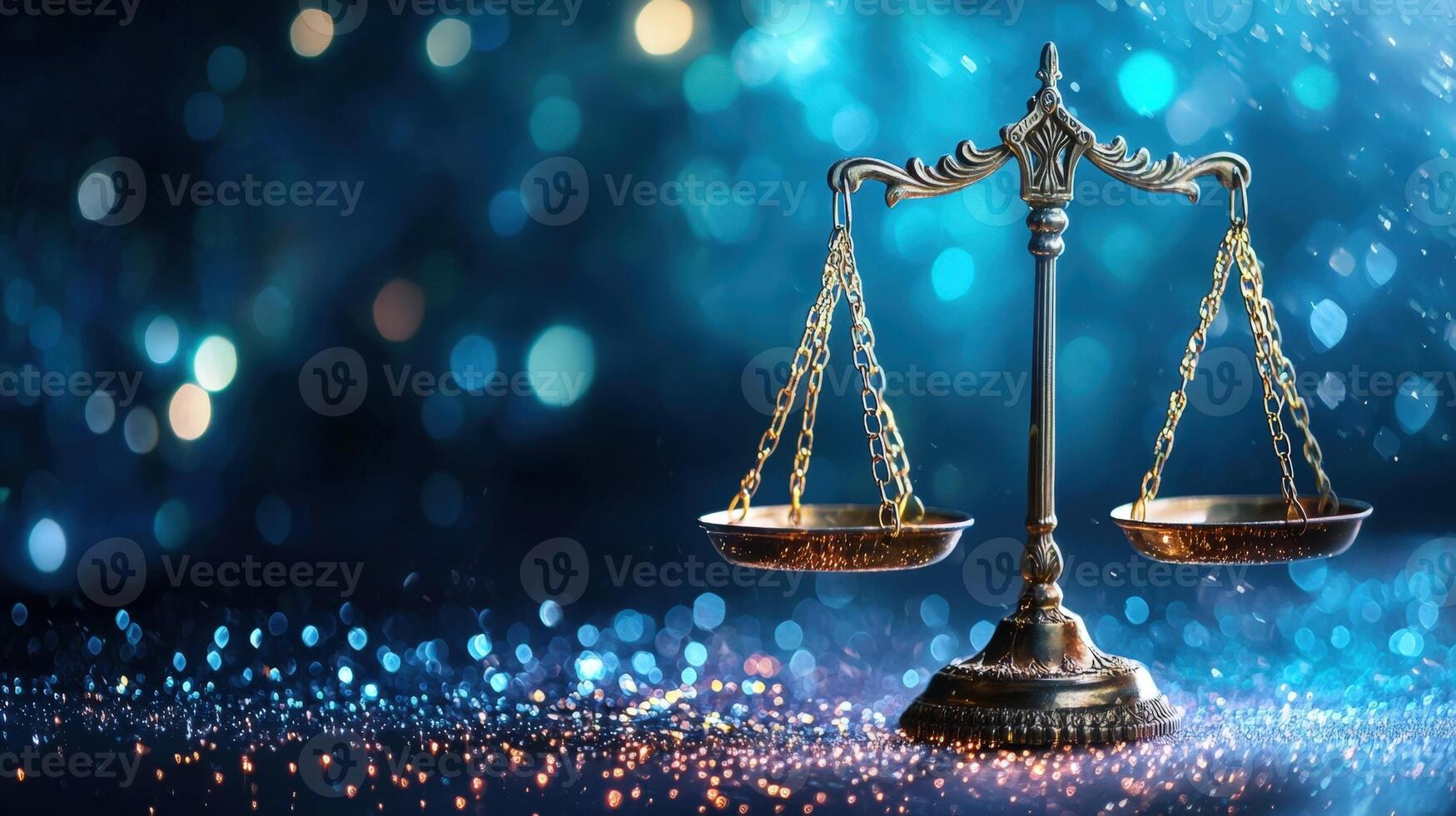 Brass scales justice legal balancing on a glittering surface with a beautiful bokeh effect, conveying a sense of fairness, law, and equality, 4K photo