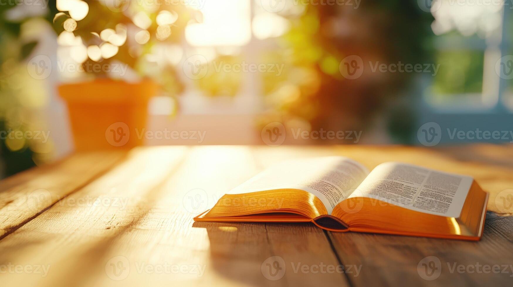 Open Bible book with golden pages resting on wooden table in warm sunlight, creating a peaceful and spiritual christian atmosphere, 4K photo