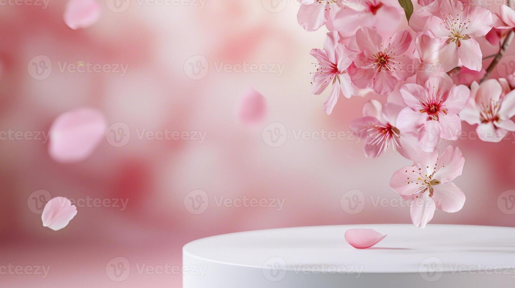 Soft 3d cherry blossom flower petals drifting onto white podium, presenting elegant product showcase against pale pink spring background Copy space for text photo