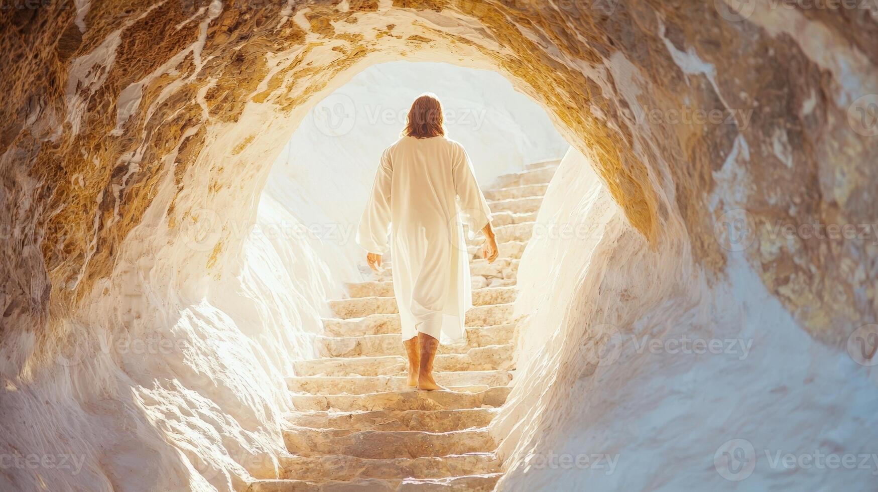 Happy Easter Jesus christ is ascending stone stairs from a dark cave into the bright light of heaven, symbolizing resurrection, hope, and faith photo