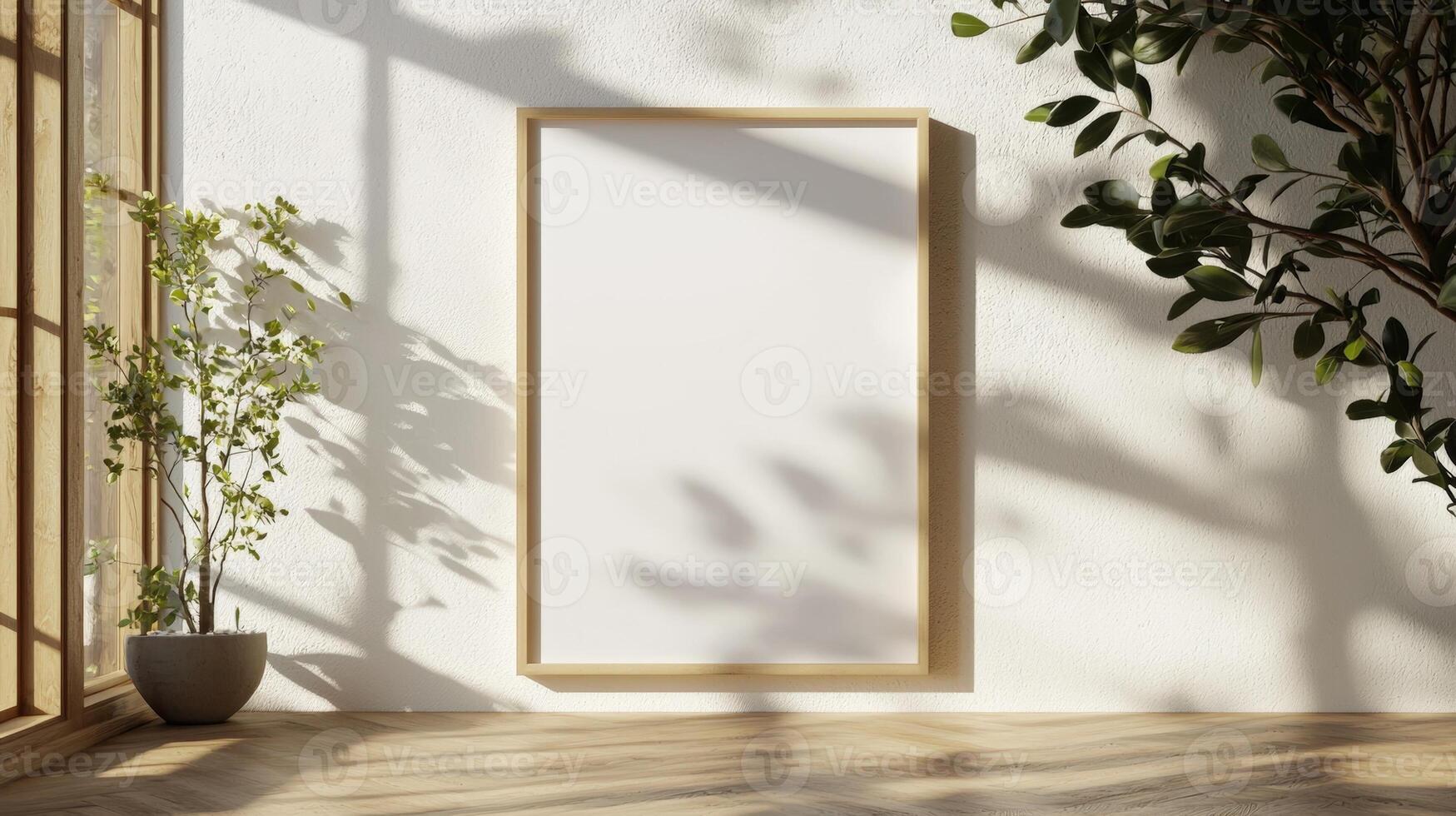 Stylish interior design with empty frame poster mockup, pampas grass in vase, modern decor on shelf and sunlight shadows on white wall Scandinavian style background photo