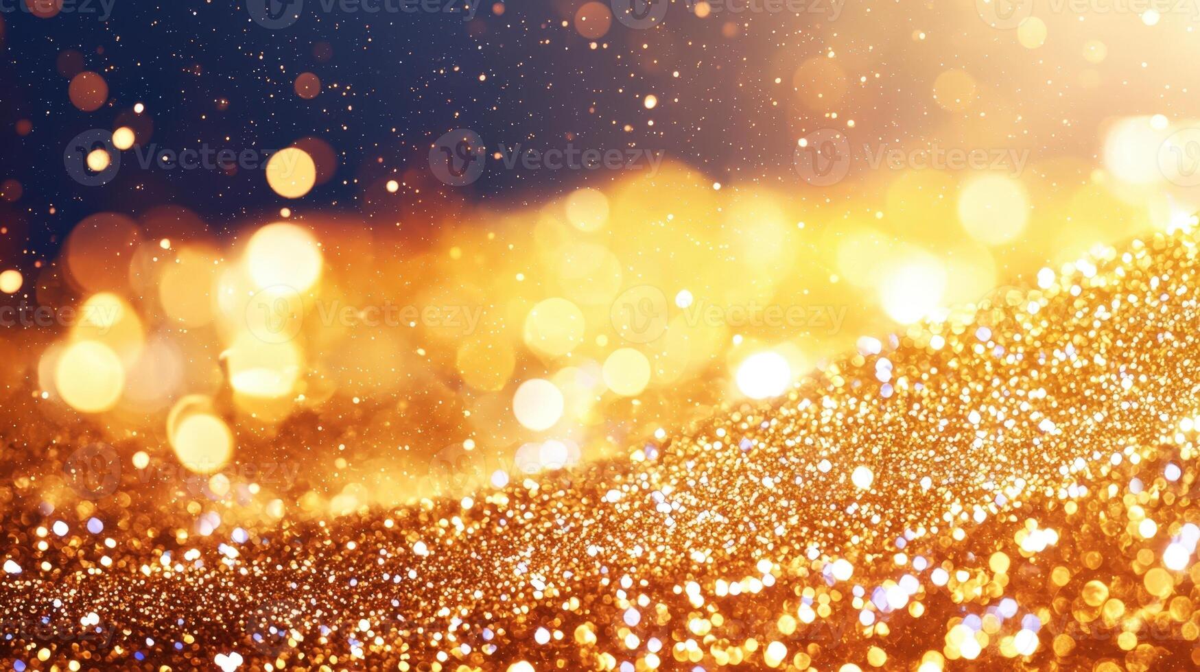 abstract Golden particles shimmering on dark blue background, creating a magical dreamy bokeh glitter effect, perfect for festive celebrations, 4K photo