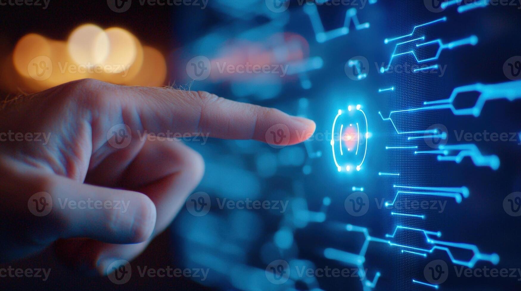 Futuristic glowing interface touchscreen with digital concentric circles is being activated by a finger human and robotic intelligence photo
