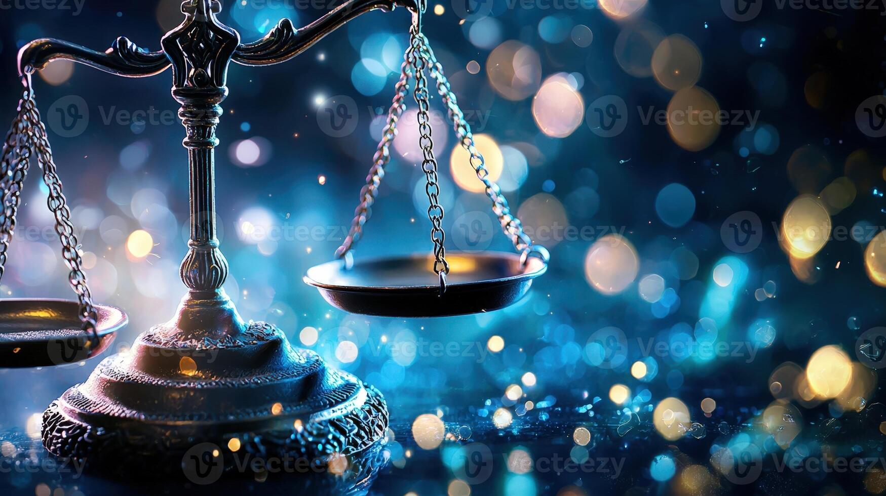 Brass scales of justice legal balancing on a glittering surface with a beautiful bokeh effect, conveying a sense of fairness, law, and equality, 4K photo