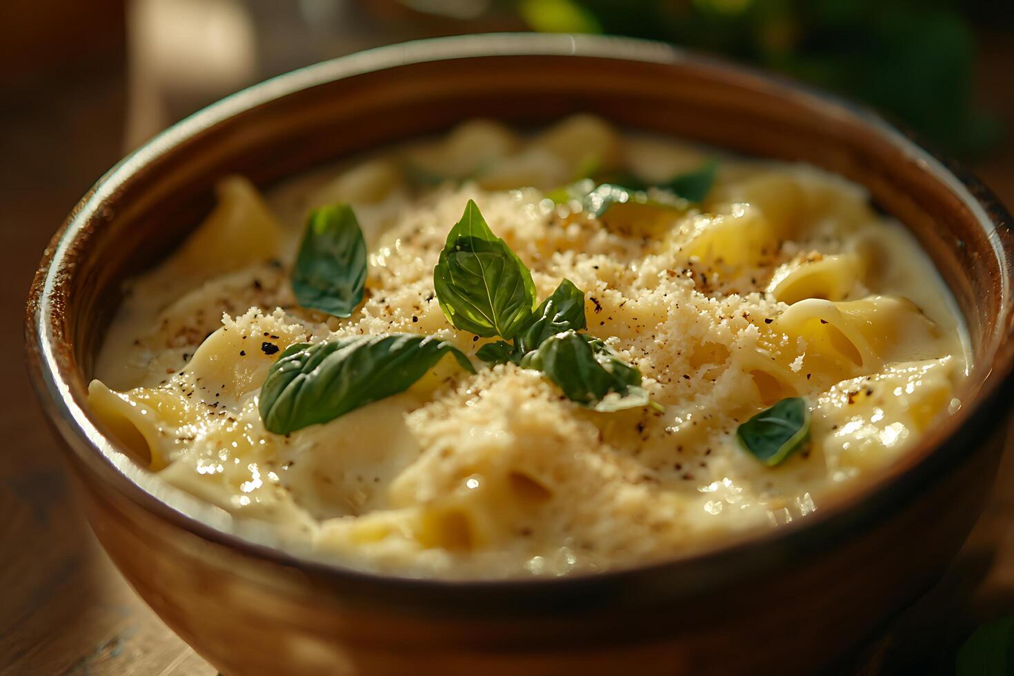 A bowl of pasta with cheese and basil photo