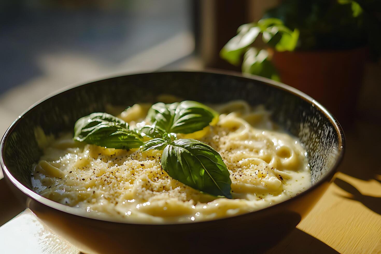 A bowl of pasta with cheese and basil photo