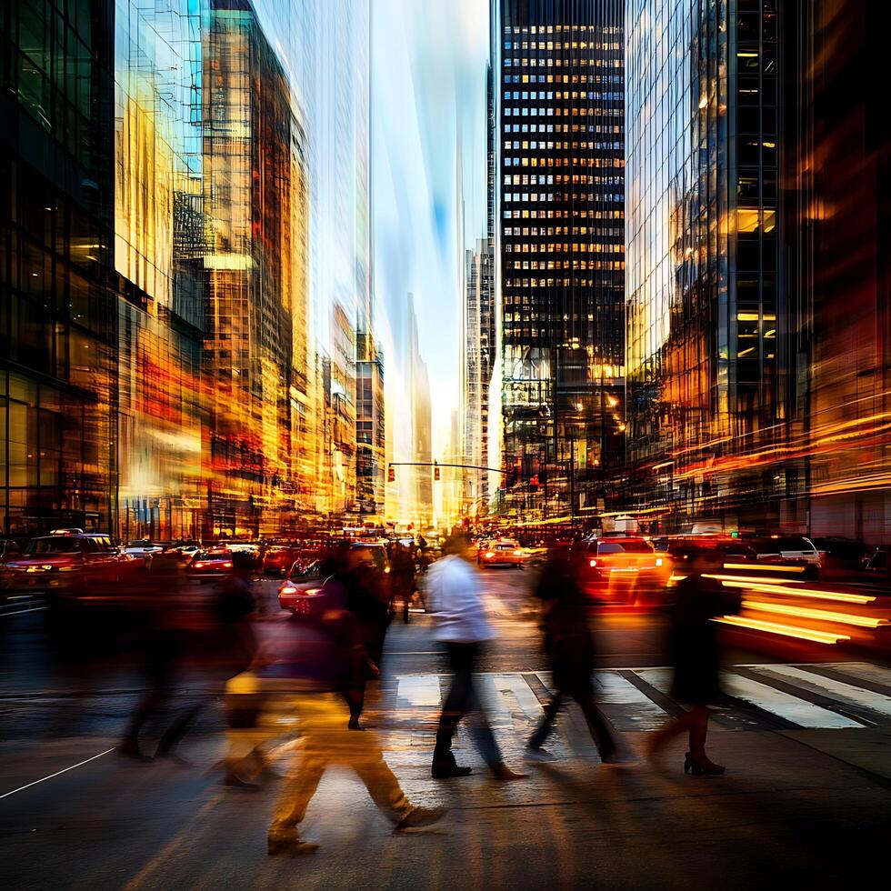 A blurry image of people walking down a street photo