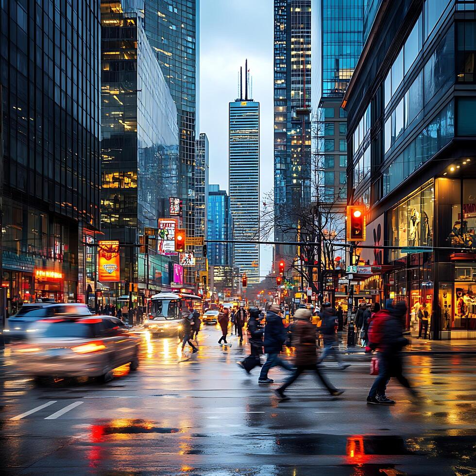 A busy city street with people walking and driving photo