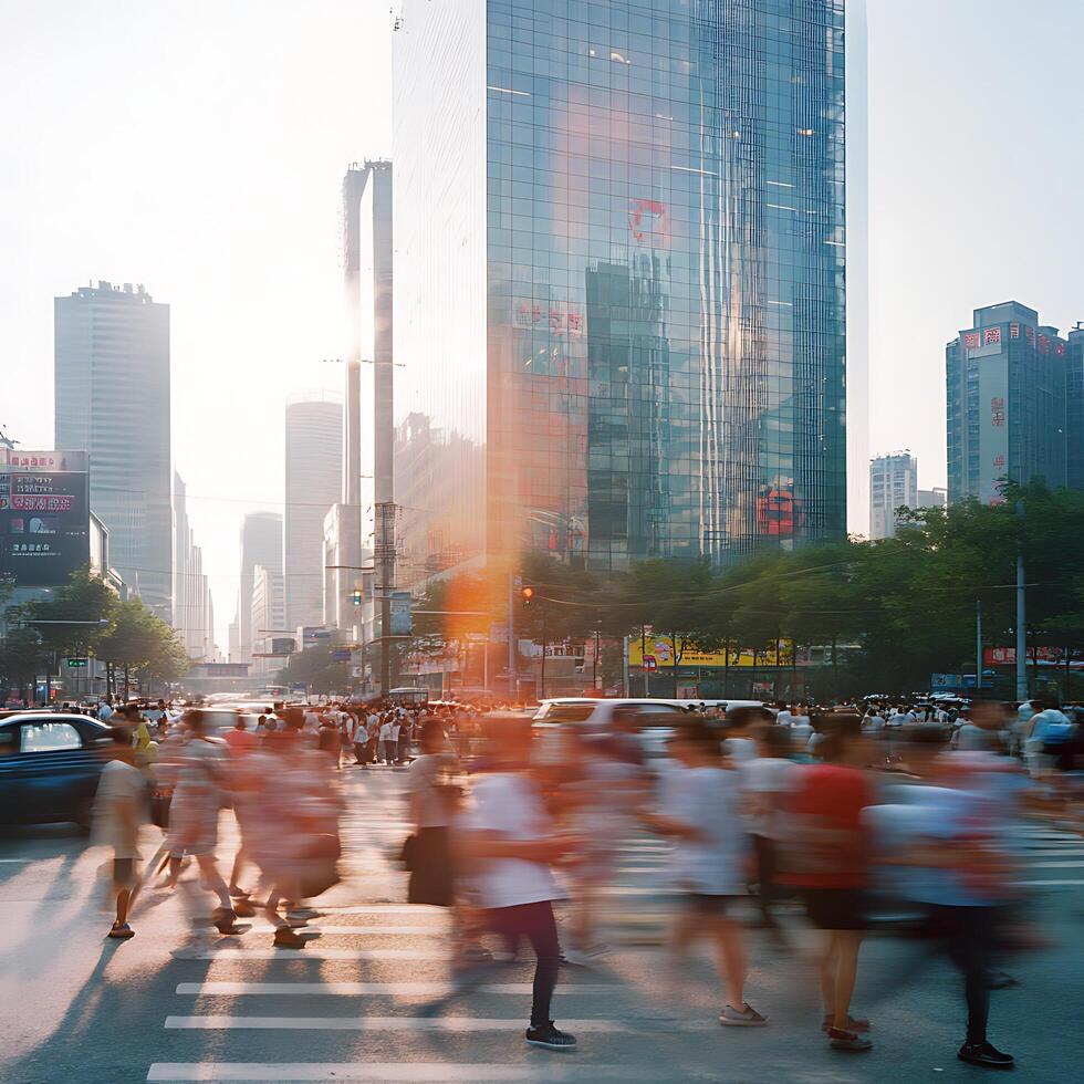 A group of people crossing a street in a city photo
