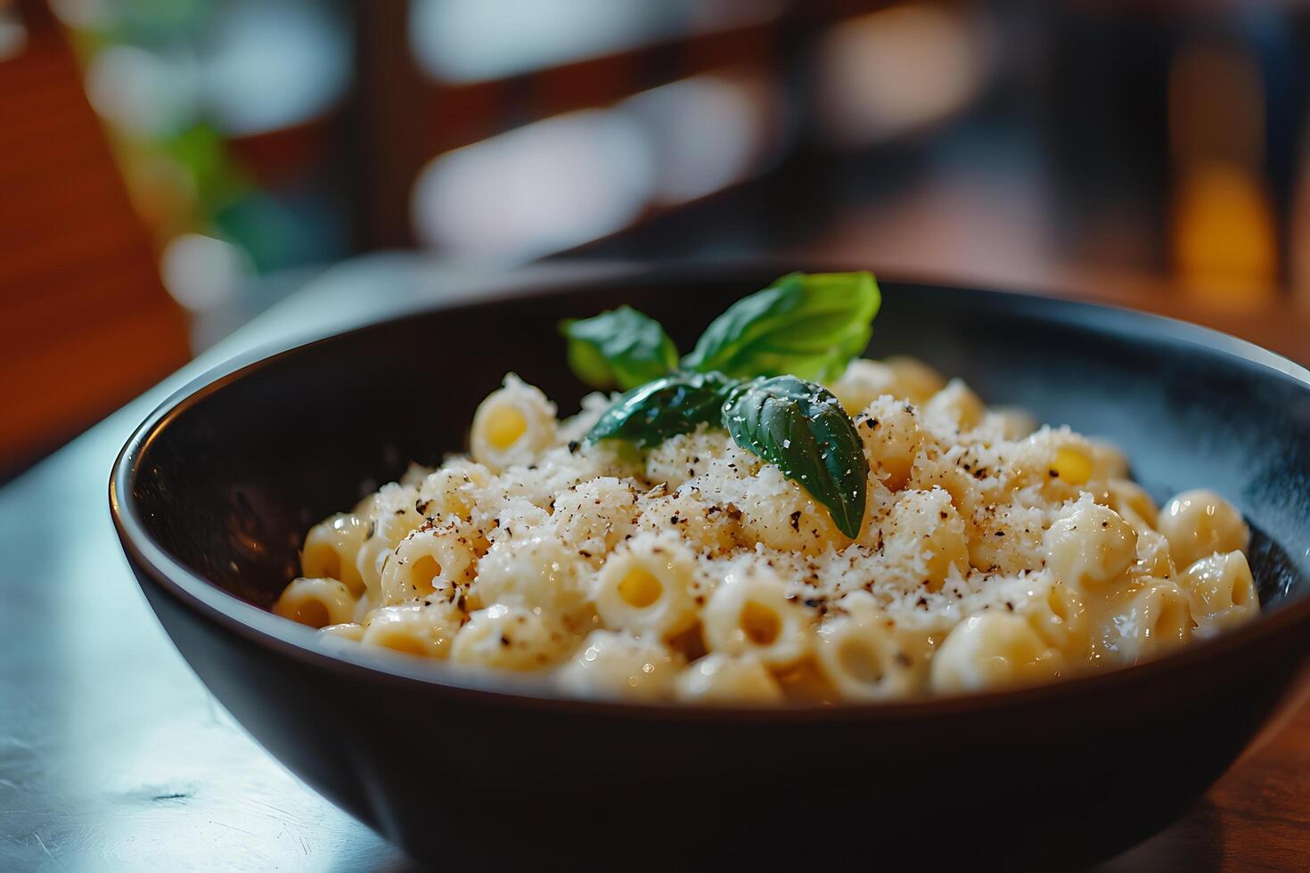 A bowl of pasta with parmesan cheese and basil leaves photo