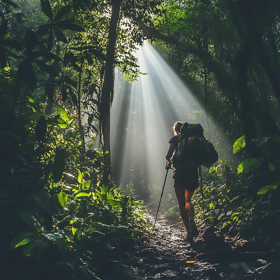 A person with a backpack walking through the woods photo