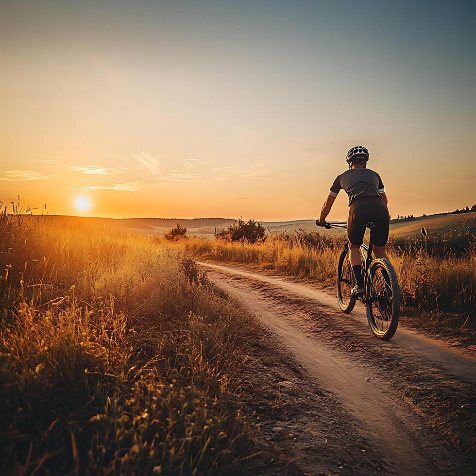 A man riding a bike on a dirt road at sunset photo