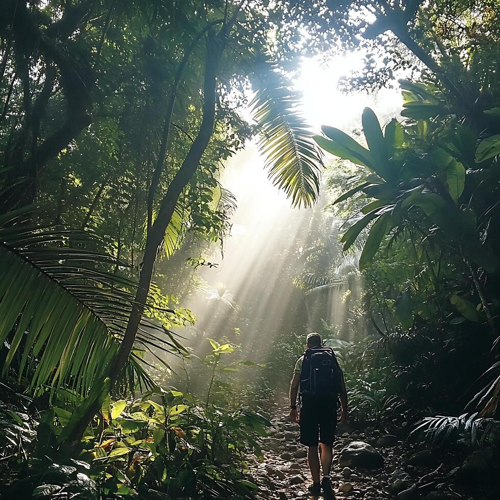 A man with a backpack walking through the jungle photo