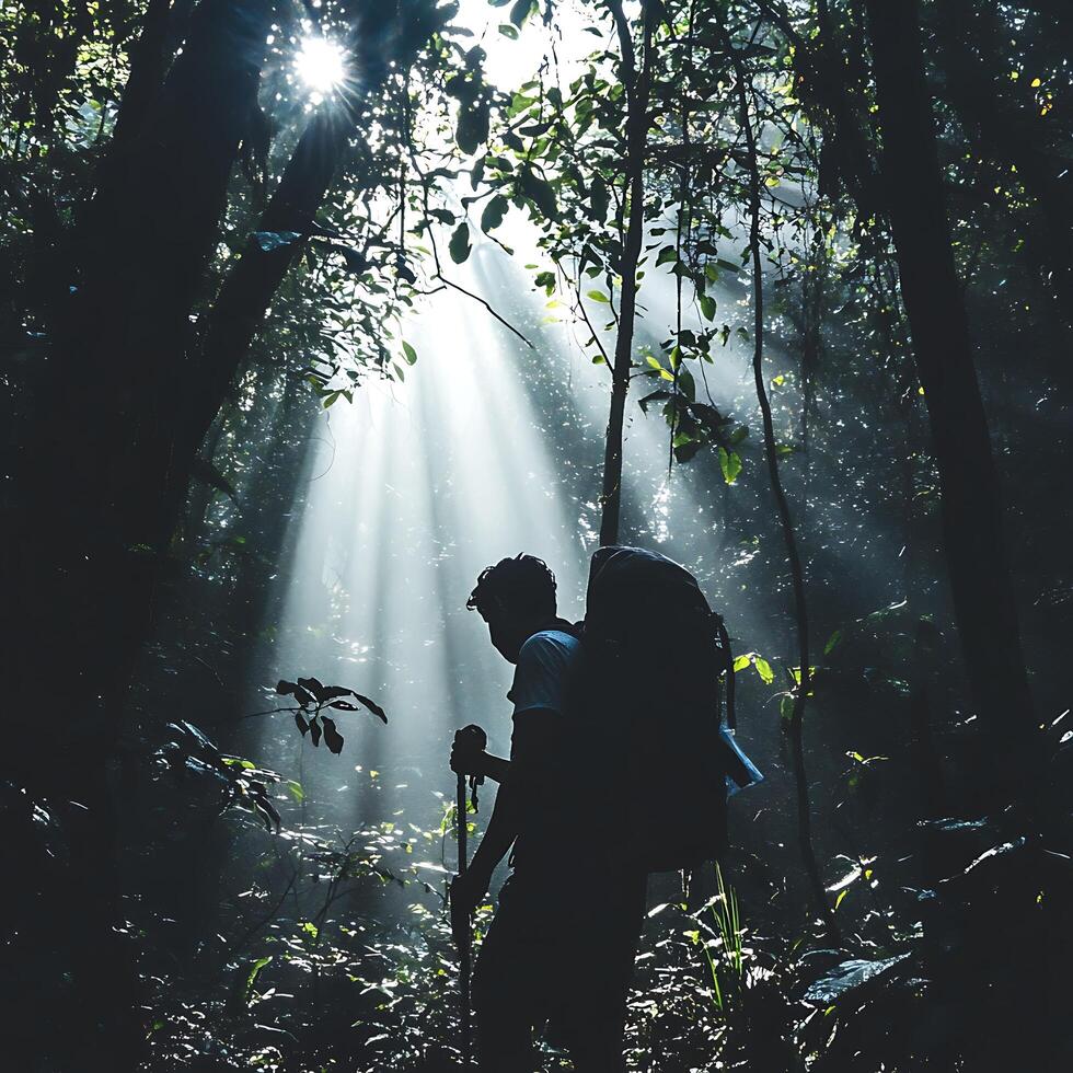 A man with a backpack in the woods photo