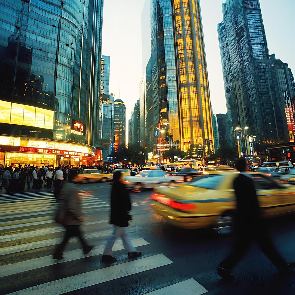 A busy city street with people walking and cars driving photo