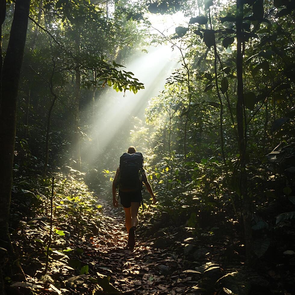 A person walking through a forest with sunlight shining through the trees photo