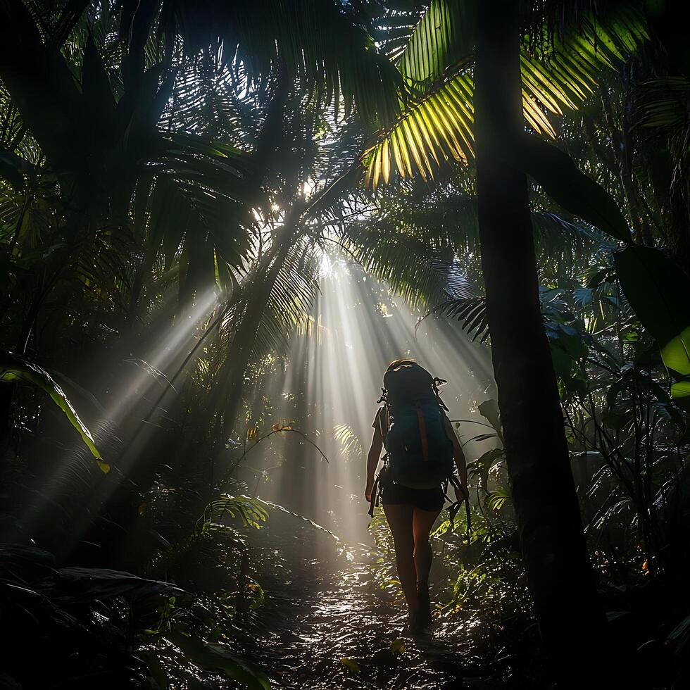 A woman with a backpack walks through the jungle photo