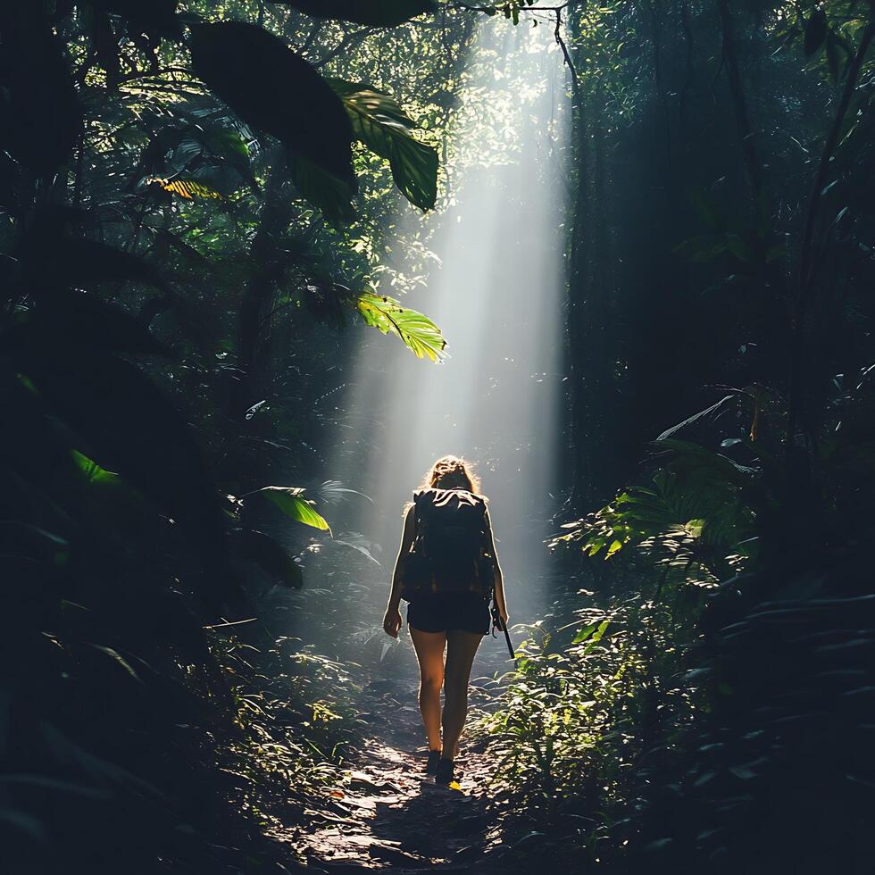 A woman walking through the jungle with sunlight coming through the trees photo