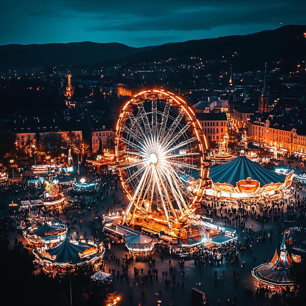 A ferris wheel and carnival rides in a city at night photo