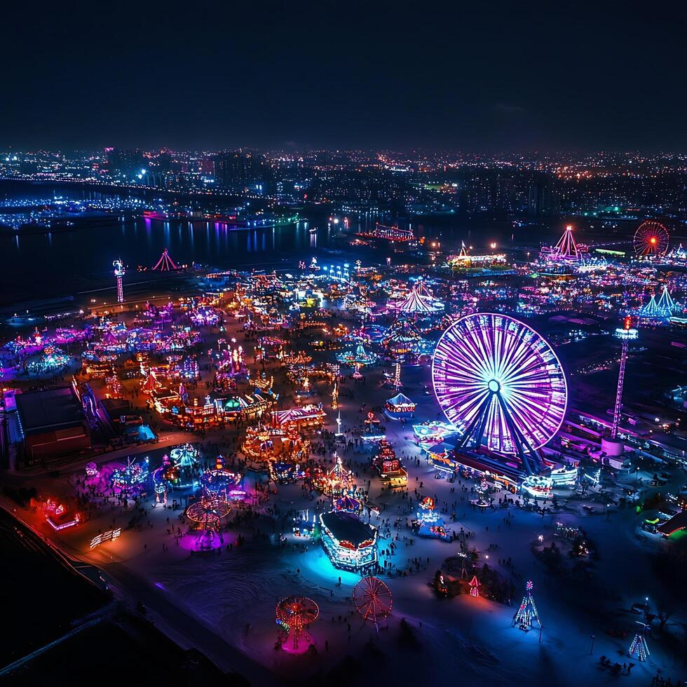 An aerial view of a carnival at night photo