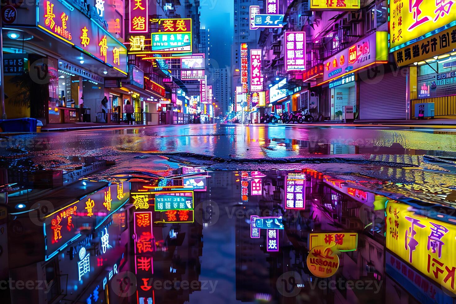 A wet street with neon signs reflecting in the puddle photo