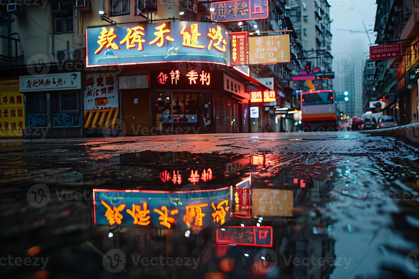 A wet street with buildings reflected in a puddle photo
