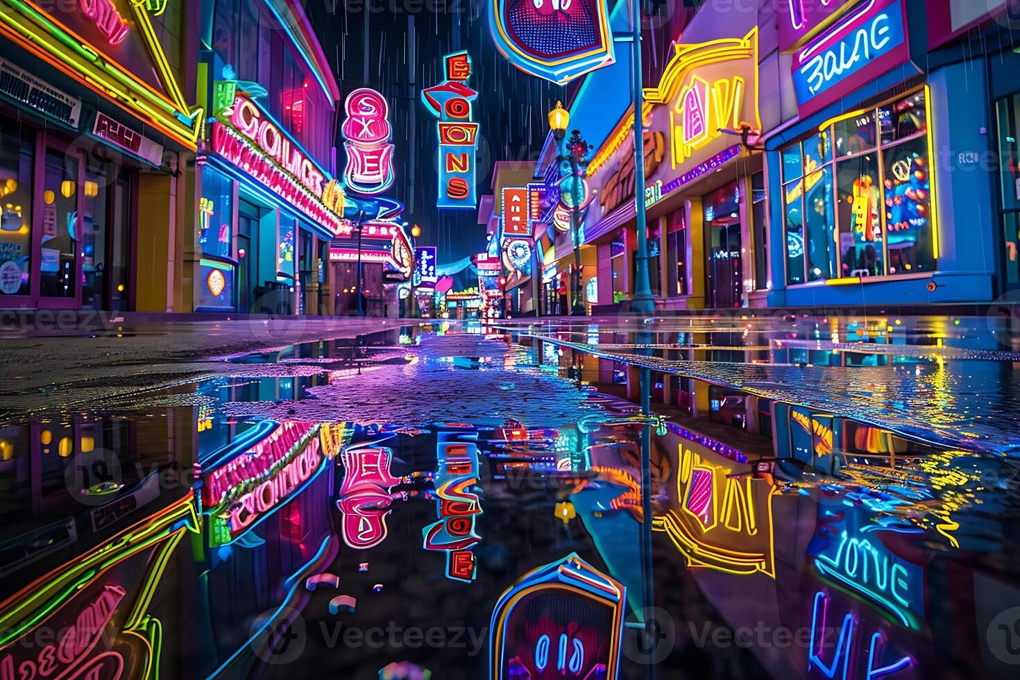 A wet street with neon signs and buildings reflected in the puddle photo