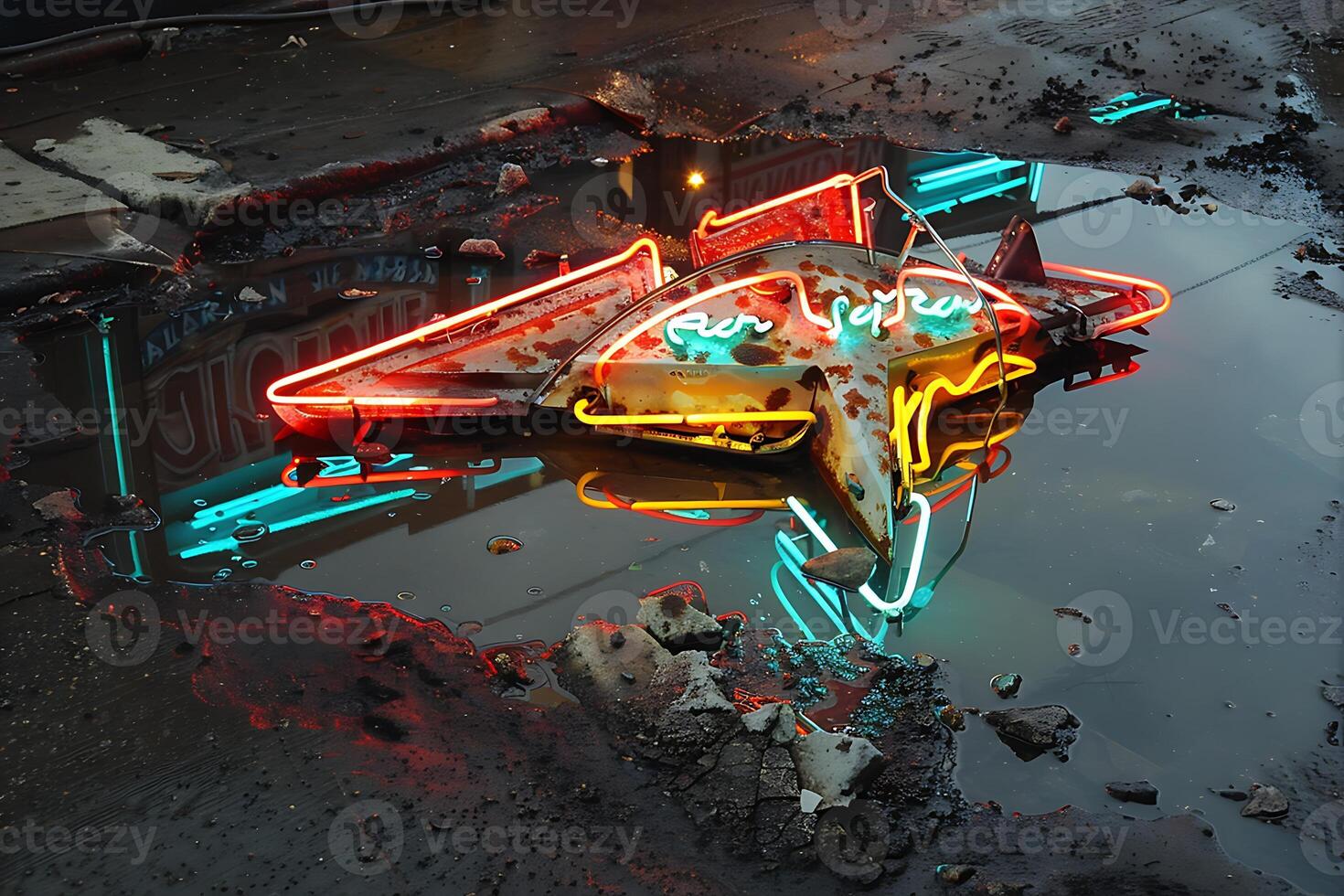 A neon sign is sitting in a puddle of water photo