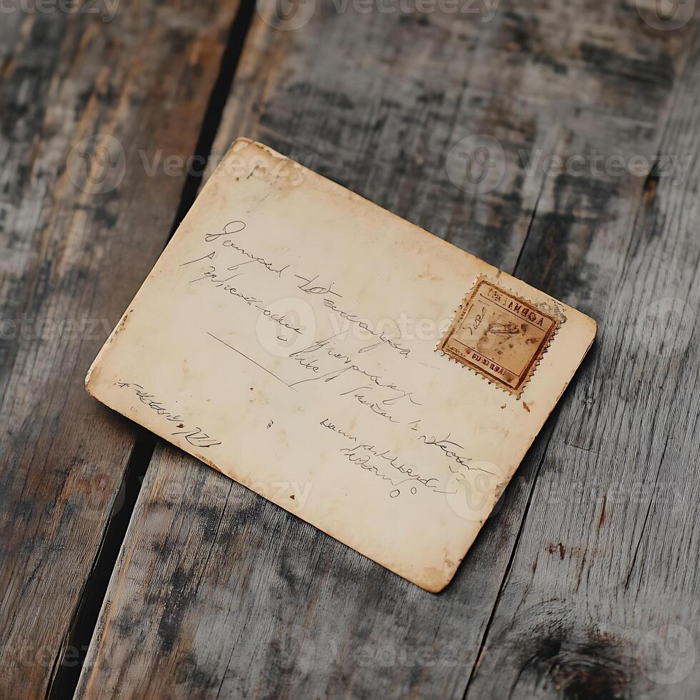 An old letter sits on top of a wooden table photo