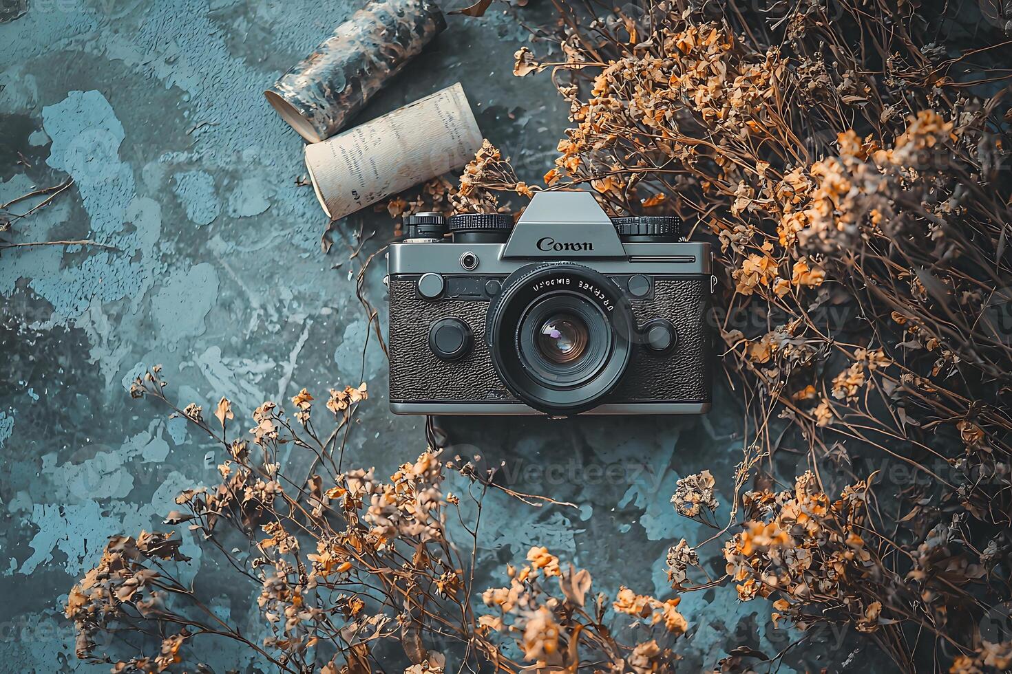 An old camera on the ground with flowers photo