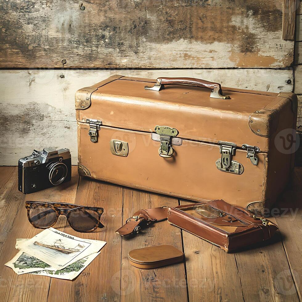 A brown suitcase, a camera, a pair of sunglasses, and a book on a wooden floor photo
