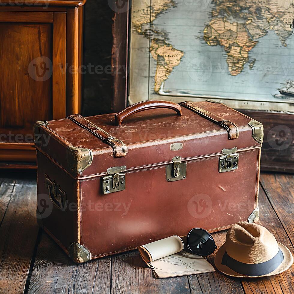 A suitcase, hat, and map sit on a wooden floor photo