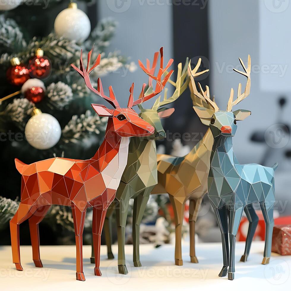 Three paper cut out deer standing in front of a christmas tree photo