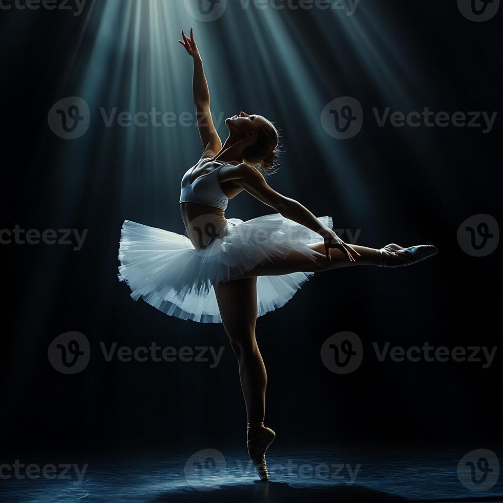 A ballerina in a white tutu is dancing photo
