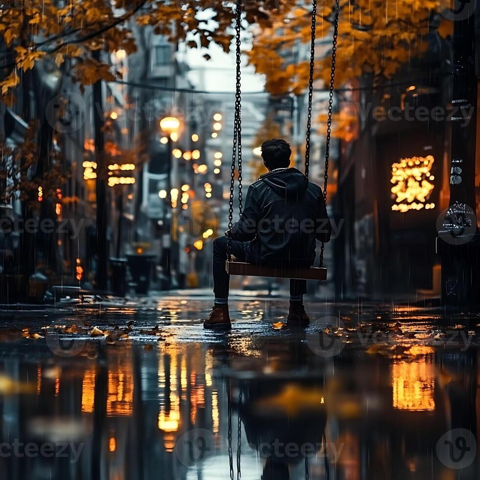 A man sitting on a swing in the rain photo