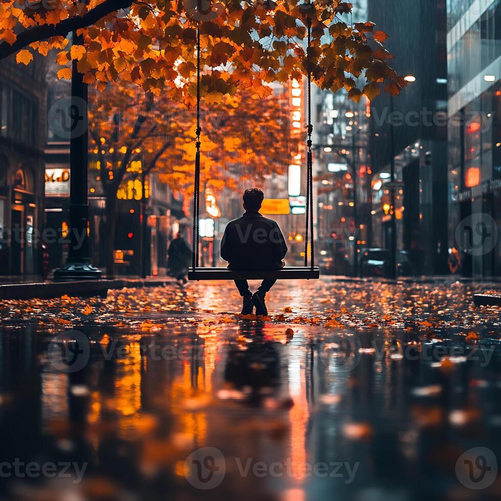 A man sitting on a swing in the middle of a city street photo