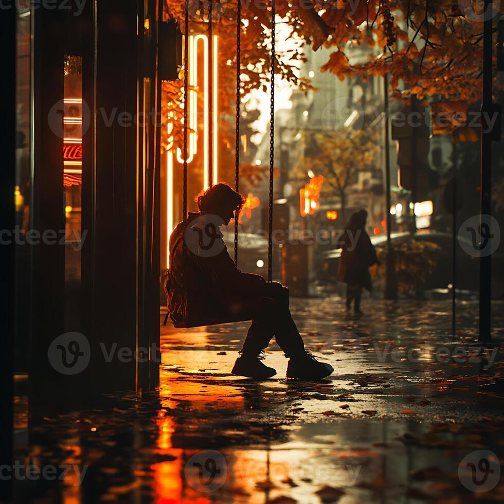 A person sitting on a bench in the rain photo