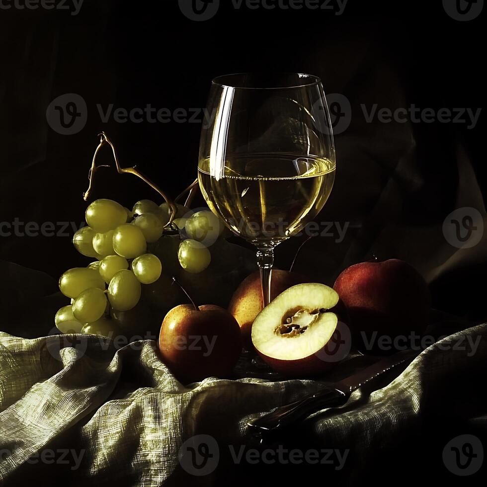 A glass of wine and grapes on a table photo