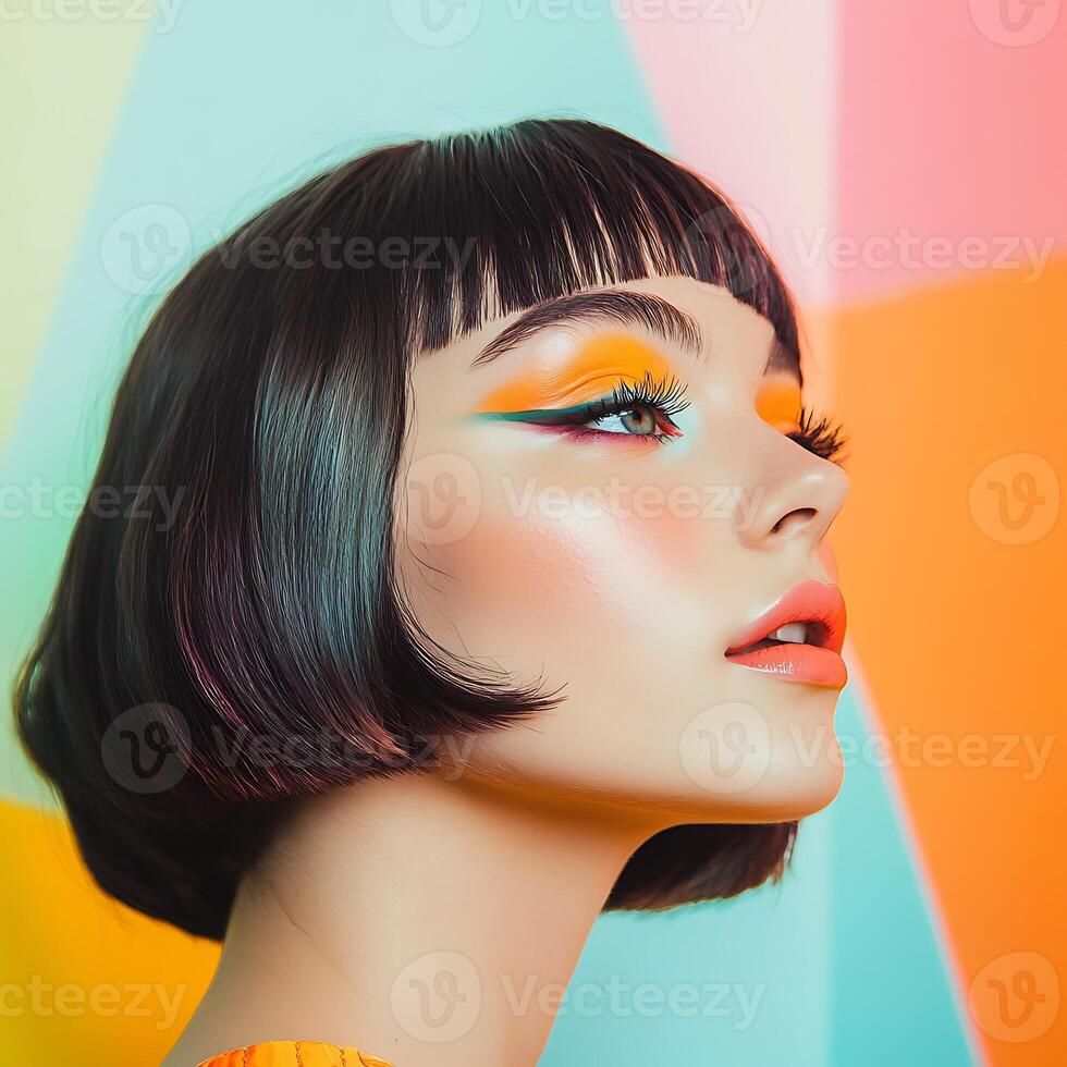 A woman with bright makeup and colorful hair photo